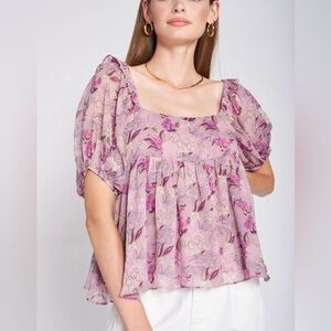 EN SAISON LUCIATE LILAC PUFF SLEEVE CHIFFON TOP Size Large Floral Purple